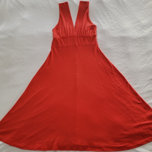 Deep Plunge V-Neck Front & Back, A-Line Midi Dress, Red, Size Large - Picture 5 of 12